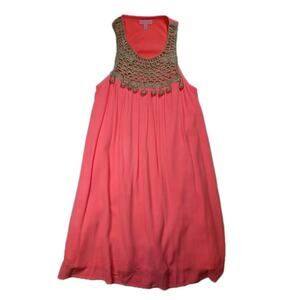 Lilly Pulitzer Coral Shift Dress Womens Small Gold Crochet Bib Pom Pom Resort